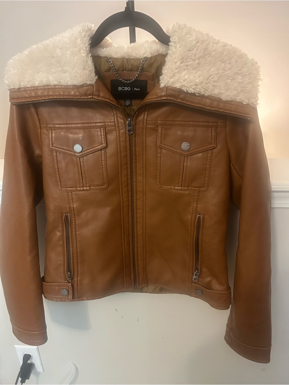 BCBG Tan Faux-Leather Moto Jacket with Cream Sherpa Collar - Picture 11 of 15